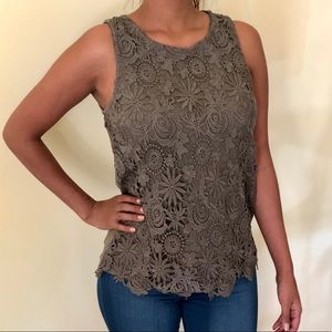 Army green floral crocheted tank top